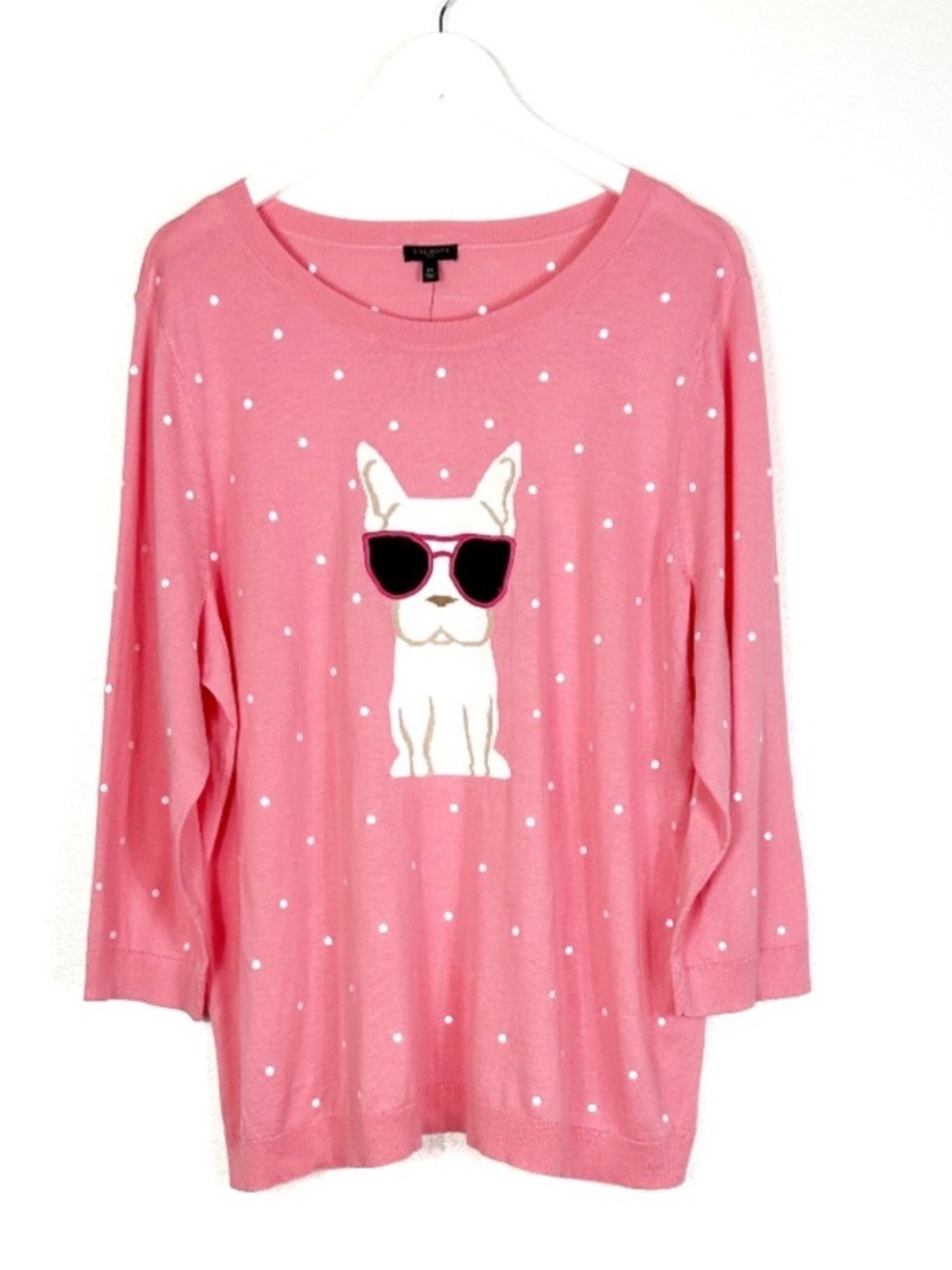 NWT Talbots pink cotton Frenchie dog knit polka dot sweater Talbots Plus size 2X